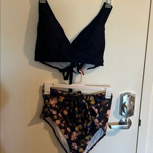 High-Waist Floral Bikini Set - Navy Top & Floral Bottom